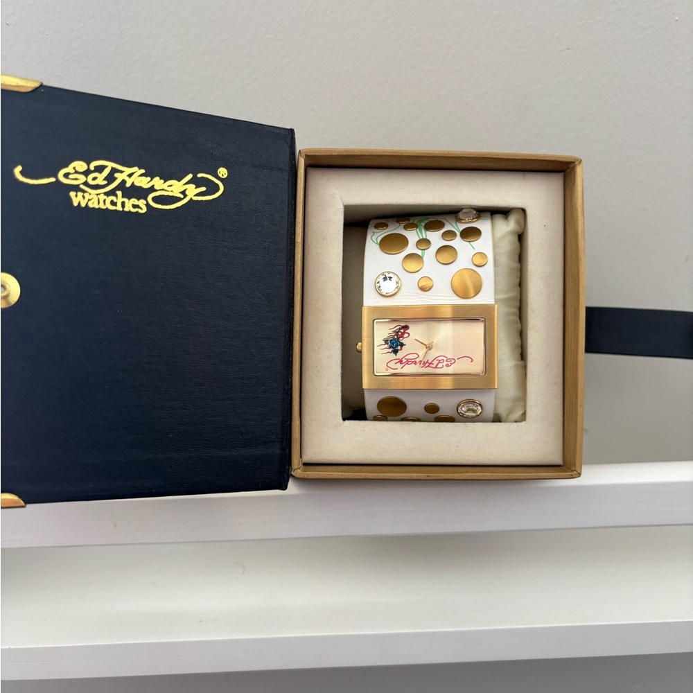 Ed Hardy Gold and White Polka Dot Watch